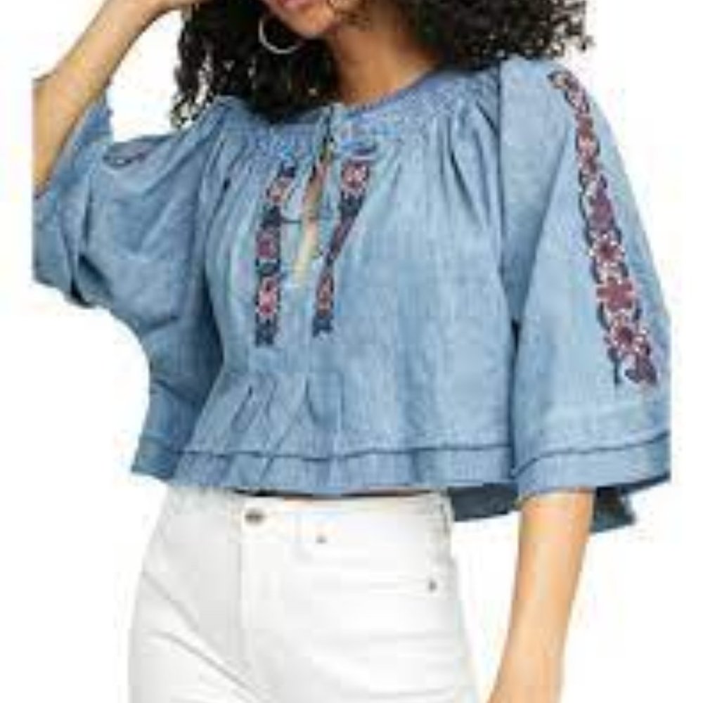 Free People Flare Sleeve Floral Embroidered Denim Crop Top Size S